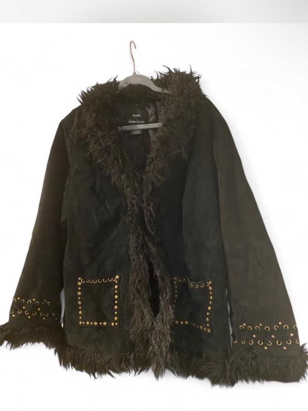 dennis basso Black Faux-Fur Trim Leather Jacket with Grommet Detail